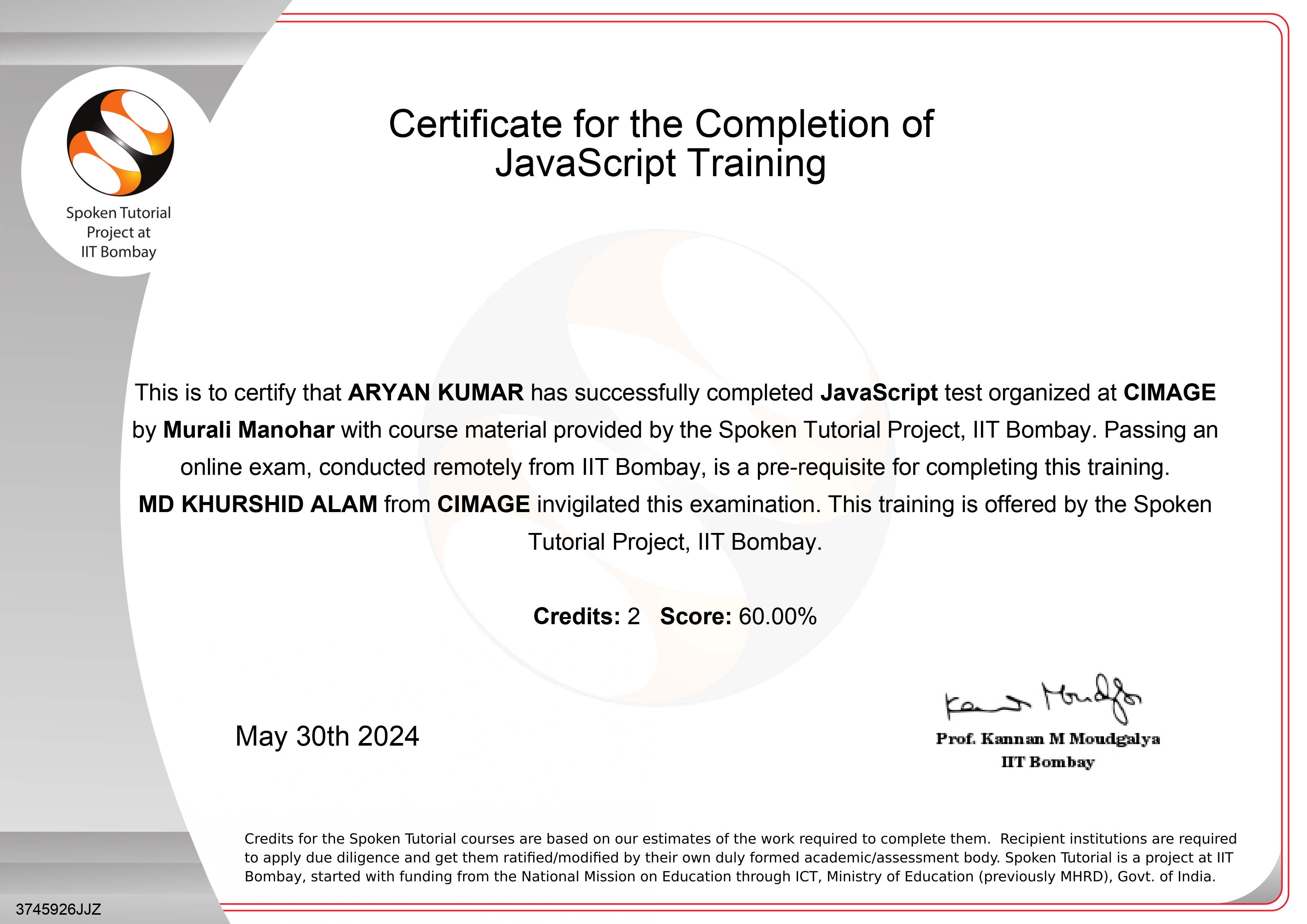 Certificate in JAVASCRIPT
